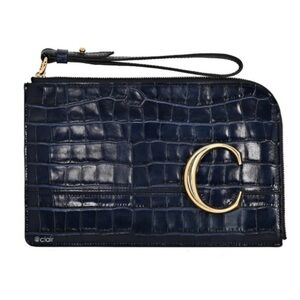 Chloe Navy Croc-Embossed Clutch with Gold Accents